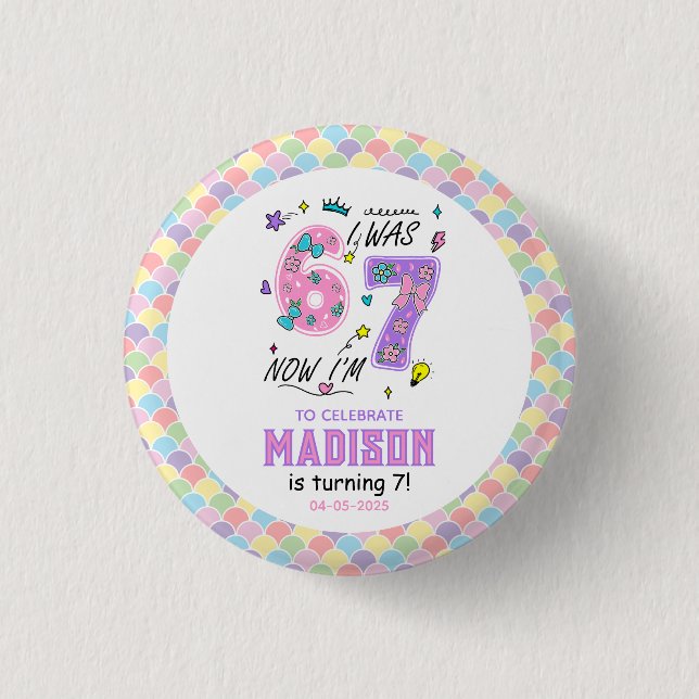 Rainbow 7th Birthday | I Was 6, Now 7 | Kids 3 Cm Round Badge (Front)