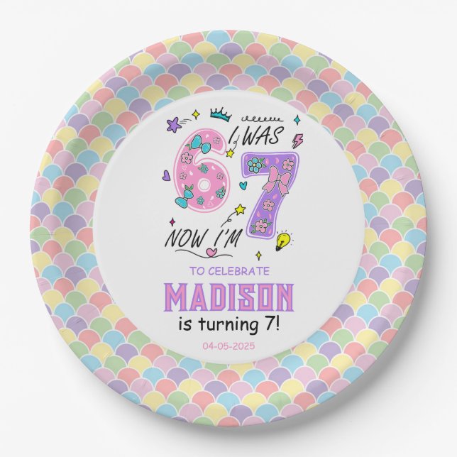 Rainbow 7th Birthday | I Was 6, Now 7 | Kids Paper Plate (Front)