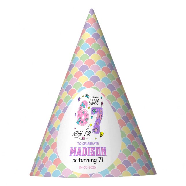 Rainbow 7th Birthday | I Was 6, Now 7 | Kids Party Hat (Front)