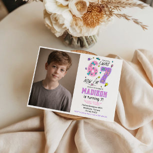 rainbow 7th Birthday “I Was 6, Now 7” Party Invitation