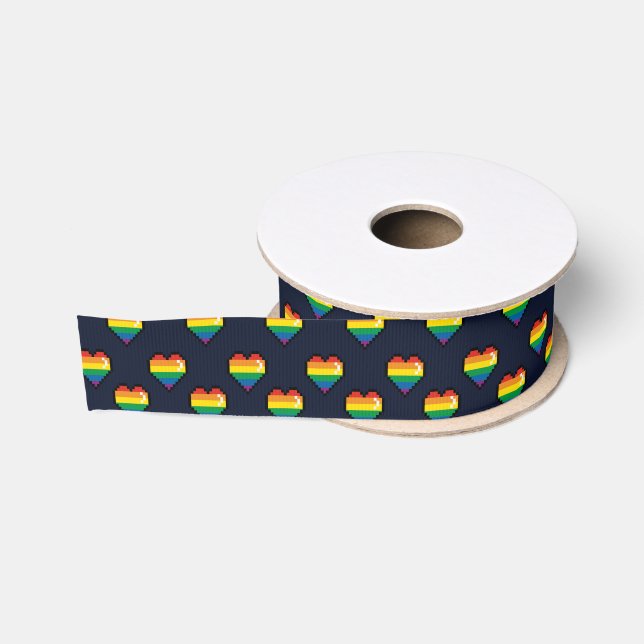 Rainbow 8 Bit Heart Pattern Grosgrain Ribbon (Spool)