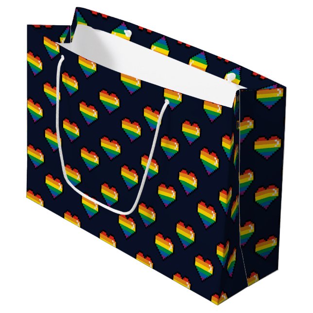 Rainbow 8 Bit Heart Pattern Large Gift Bag (Front Angled)