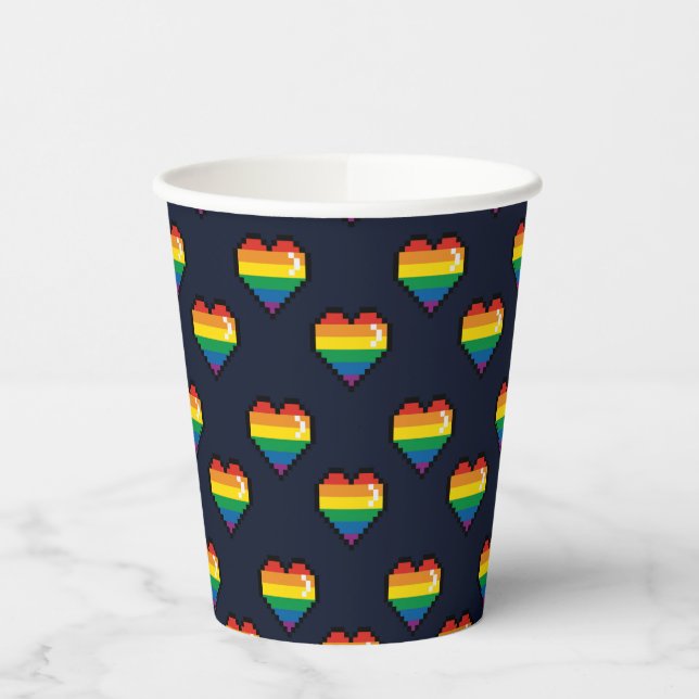 Rainbow 8 Bit Heart Pattern Paper Cups (Left)
