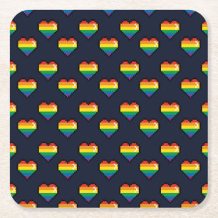Rainbow 8 Bit Heart Pattern Square Paper Coaster