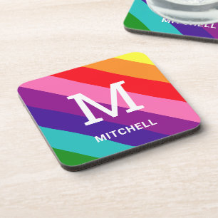 Rainbow 8 Stripe Gay Pride Custom Monogram Initial Coaster