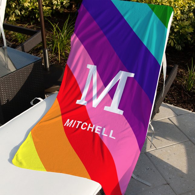 Rainbow 8 Stripe Monogram Family Name Beach Towel (Creator Uploaded)