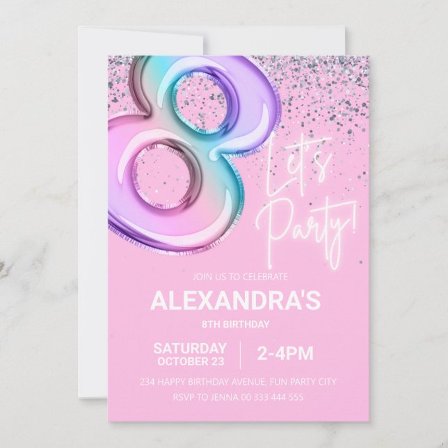 Rainbow 8th Birthday Party Girl Foil Balloon Neon  Invitation (Front)