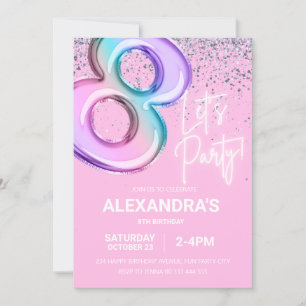 Rainbow 8th Birthday Party Girl Foil Balloon Neon Invitation