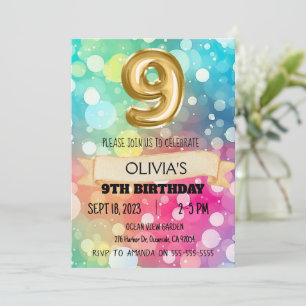Rainbow 9 Year Old 9th Birthday Party Girls Nine Invitation