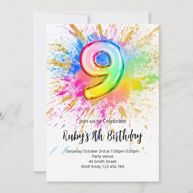 Rainbow 9th Birthday Invitation (Front)
