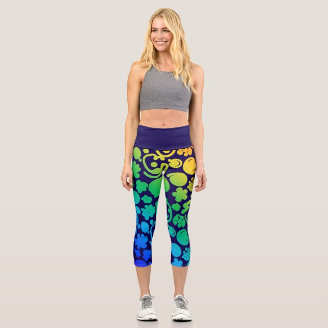 Rainbow Abstract shapes, smiley faces, purple Capri Leggings (Front)