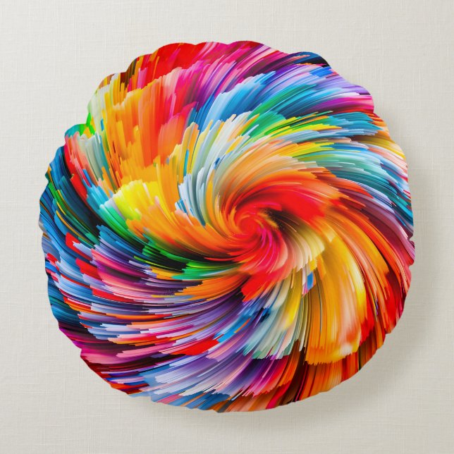 Rainbow Abstract Vibrant Swirl Modern Round Cushion (Front)