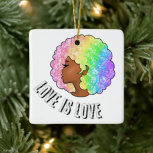 rainbow afro LGBTQ love is love pride black girl Ceramic Ornament
