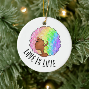 rainbow afro LGBTQ love is love pride black girl  Ceramic Tree Decoration