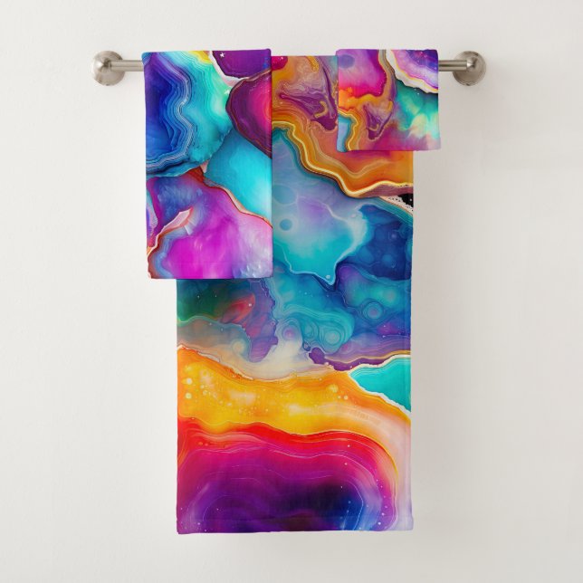 Rainbow Agate Colorful Abstract Geode Design Bath Towel Set (Insitu)