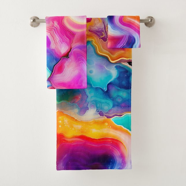 Rainbow Agate Colourful Abstract Geode Design Bath Towel Set (Insitu)