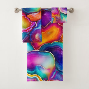 Rainbow Agate Colourful Abstract Geode Design Bath Towel Set