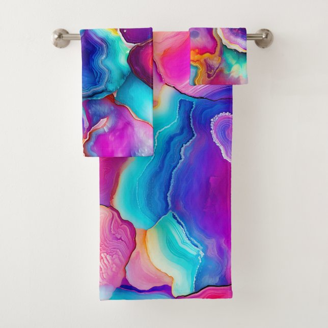 Rainbow Agate Colourful Abstract Geode Design Bath Towel Set (Insitu)