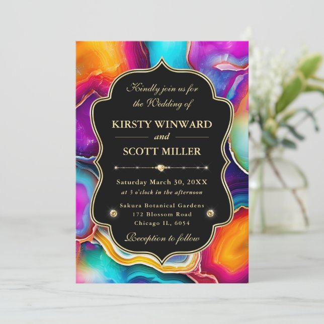 Rainbow Agate Geode with Black Frame Wedding Invitation (Standing Front)