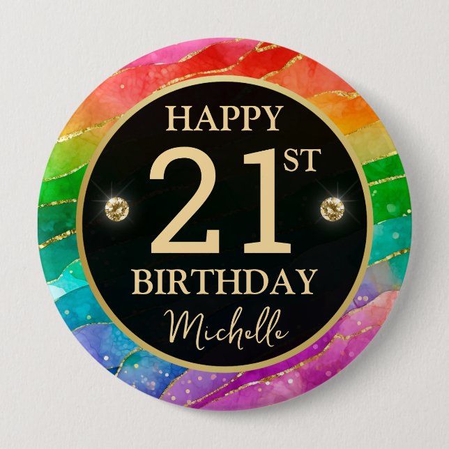 Rainbow Agate Gold Glitter Birthday Badge (Front)