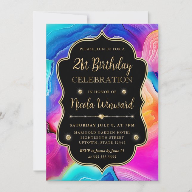Rainbow Agate Swirl Elegant Black Birthday Invitation (Front)