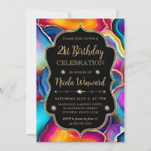Rainbow Agate Swirl Elegant Black Birthday Invitation