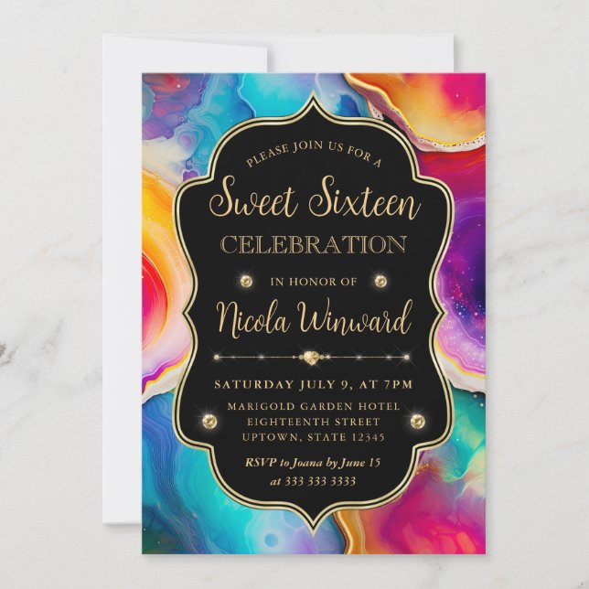 Rainbow Agate Swirl Elegant Black Sweet 16 Invitation (Front)