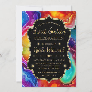 Rainbow Agate Swirl Elegant Black Sweet 16 Invitation