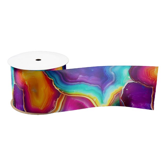 Rainbow Agate | Vibrant Abstract Stone Pattern Satin Ribbon (Spool)