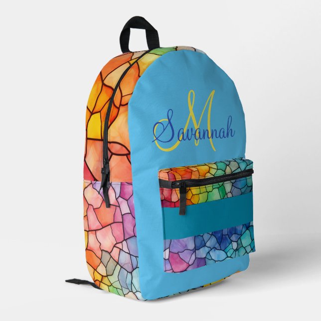 Rainbow Alcohol and Ink, Geometric Shapes Printed Backpack (Back Corner Left)