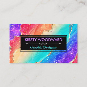 Rainbow Alcohol Ink & Gold Faux Glitter Agate Business Card