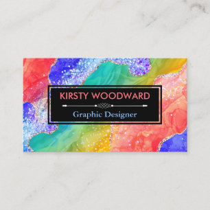 Rainbow Alcohol Ink & Gold Faux Glitter Agate Business Card