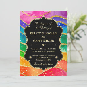 Rainbow Alcohol Ink Gold Glitter Wedding Invitation