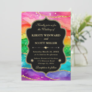 Rainbow Alcohol Ink Gold Glitter Wedding Invitation