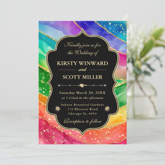 Rainbow Alcohol Ink Gold Glitter Wedding Invitation (Standing Front)