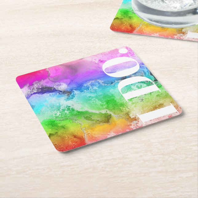 Rainbow Alcohol Ink Watercolor  Square Paper Coaster (Angled)