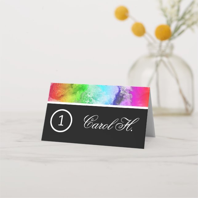 Rainbow Alcohol Ink Watercolor Table Number Name Place Card (Front)