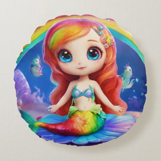 Rainbow Alien Mermaid Whimsical Dream  Round Cushion (Front)