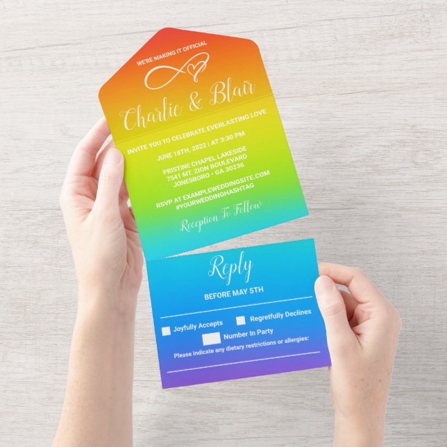 Rainbow All in One Wedding Invite (Tearaway)