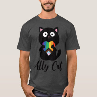 Rainbow Ally Cat LGBT Gay Pride Flag Heart  T-Shirt
