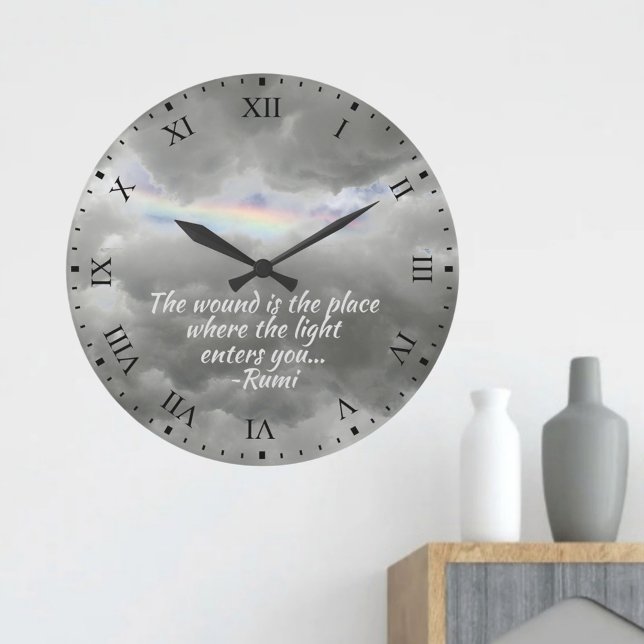 Rainbow among Grey Storm Clouds Large Clock (Creator Uploaded)