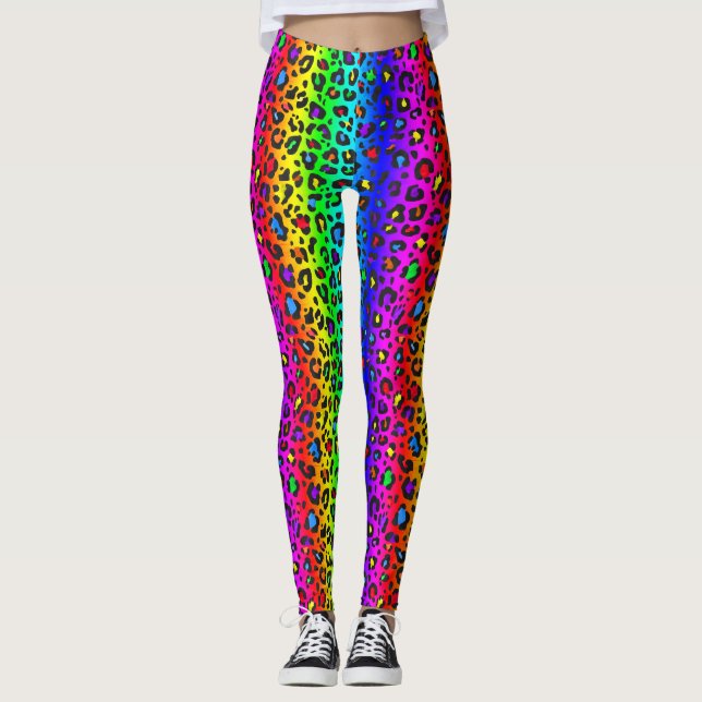 Rainbow and Black Leopard Print Pattern Leggings (Front)