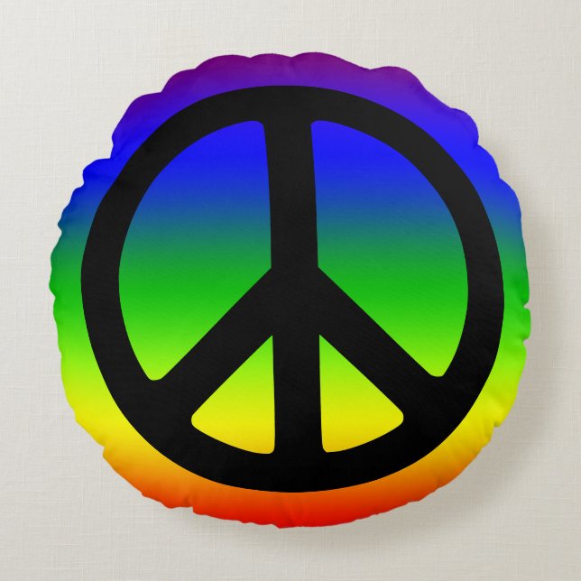 Rainbow and Black Peace Symbol Round Cushion (Front)