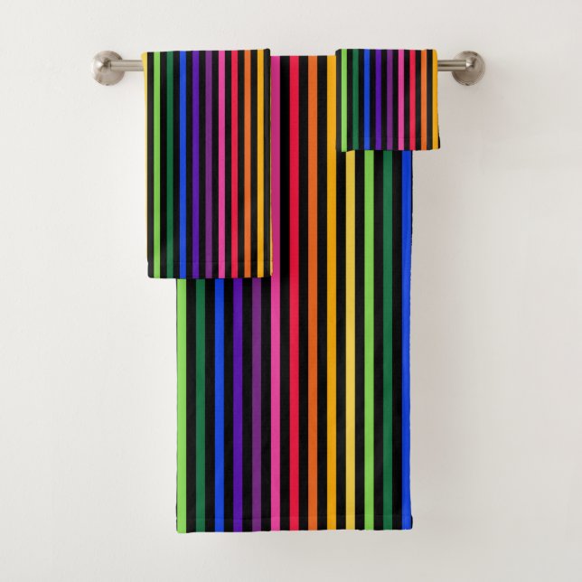 Rainbow and black stripes bath towel set (Insitu)