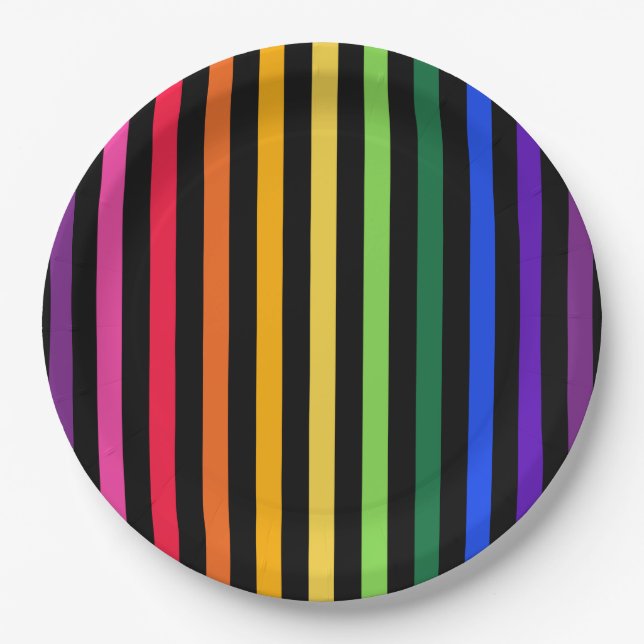 Rainbow and black stripes paper plate (Front)