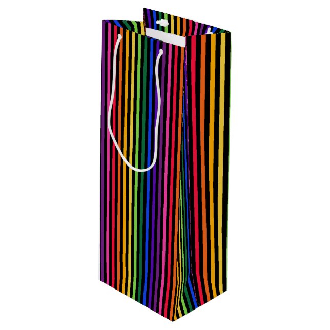 Rainbow and black stripes wine gift bag (Front Angled)