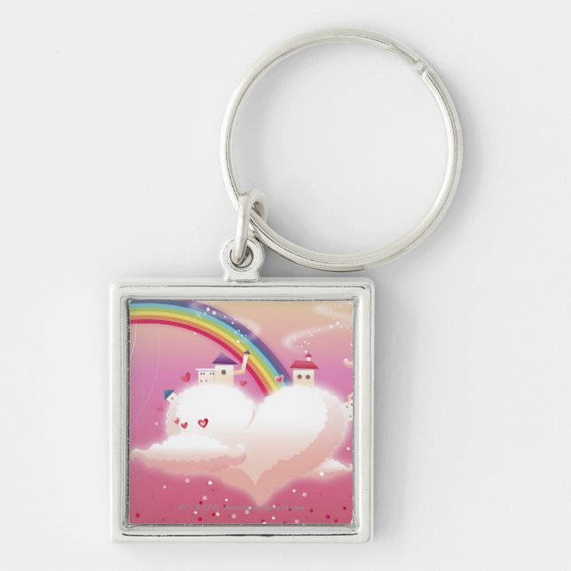 Rainbow and buildings on clouds key ring (Front)