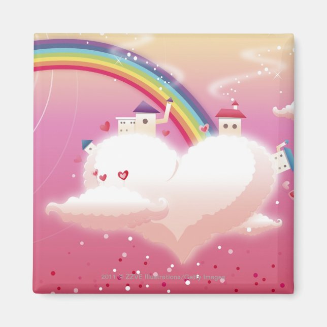Rainbow and buildings on clouds magnet (Front)