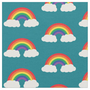 Rainbow and Cloud on Teal Cute Kids Fabric