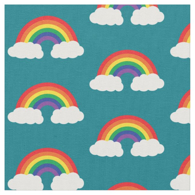 Rainbow and Cloud on Teal Cute Kids Fabric (Close Up)